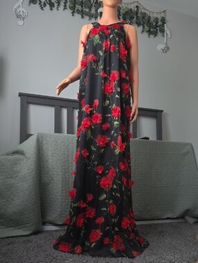 Black Floral Maxi Dress with Red Roses